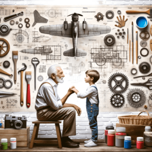 Großvater und Enkel vor einer Wand mit Elementen aus dem Modellbau.